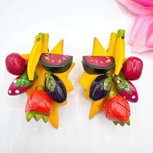 Vintage Huge Fruit Salad Earrings Hand Painted Wood Kitschy Funny Gaudy Wacky